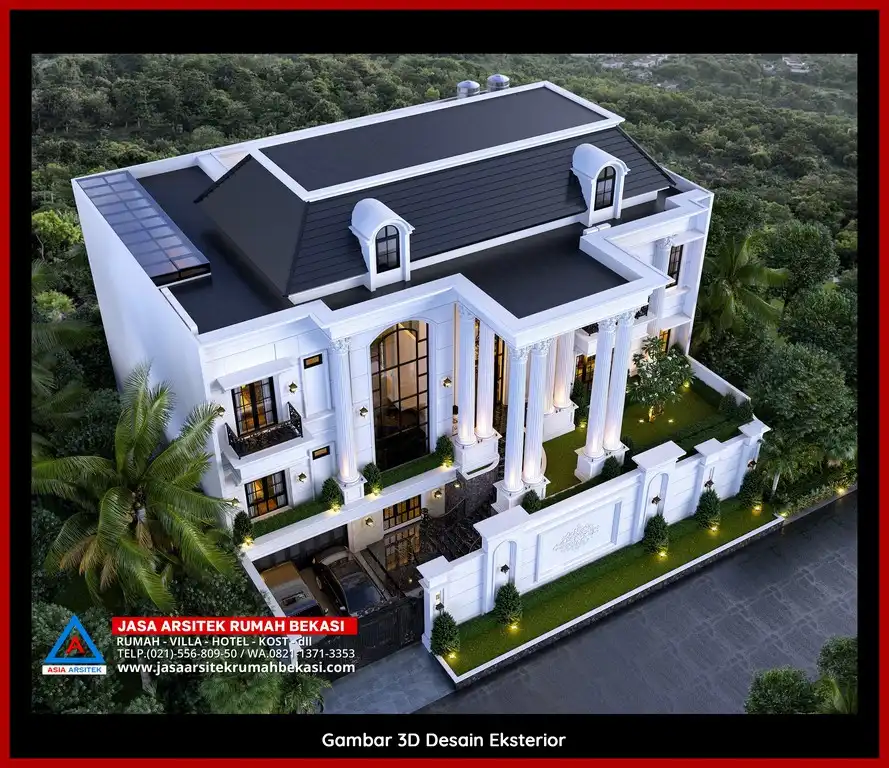 Jasa Konsultasi Gratis 3D fasad rumah klasik mewah di Marga Mulya Bekasi dengan pilar megah dan detail elegan