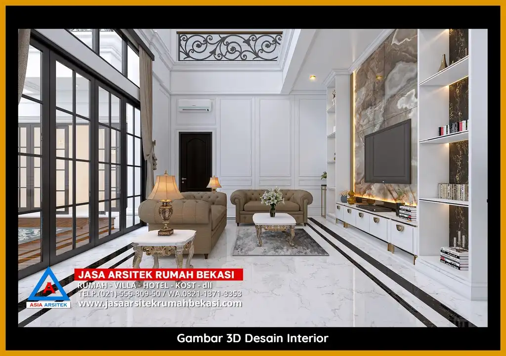 Jasa Konsultasi Gratis 3D fasad rumah klasik mewah di Marga Mulya Bekasi dengan pilar megah dan detail elegan