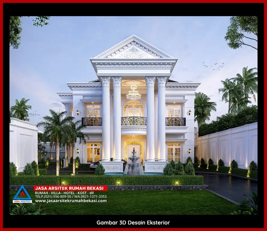 Jasa Arsitek Rumah 3D fasad rumah klasik mewah di Margahayu Bekasi dengan pilar megah dan detail elegan