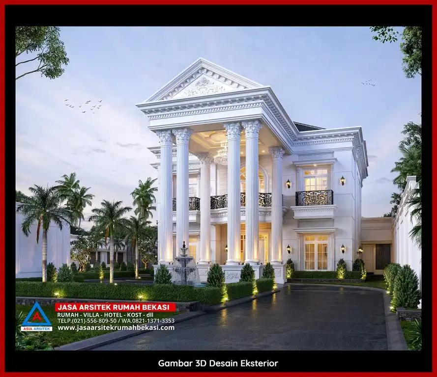 Jasa Arsitek Rumah 3D fasad rumah klasik mewah di Margahayu Bekasi dengan pilar megah dan detail elegan