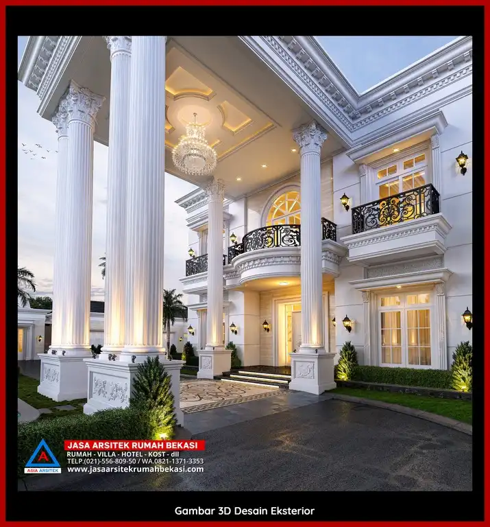 Jasa Arsitek Rumah 3D fasad rumah klasik mewah di Margahayu Bekasi dengan pilar megah dan detail elegan