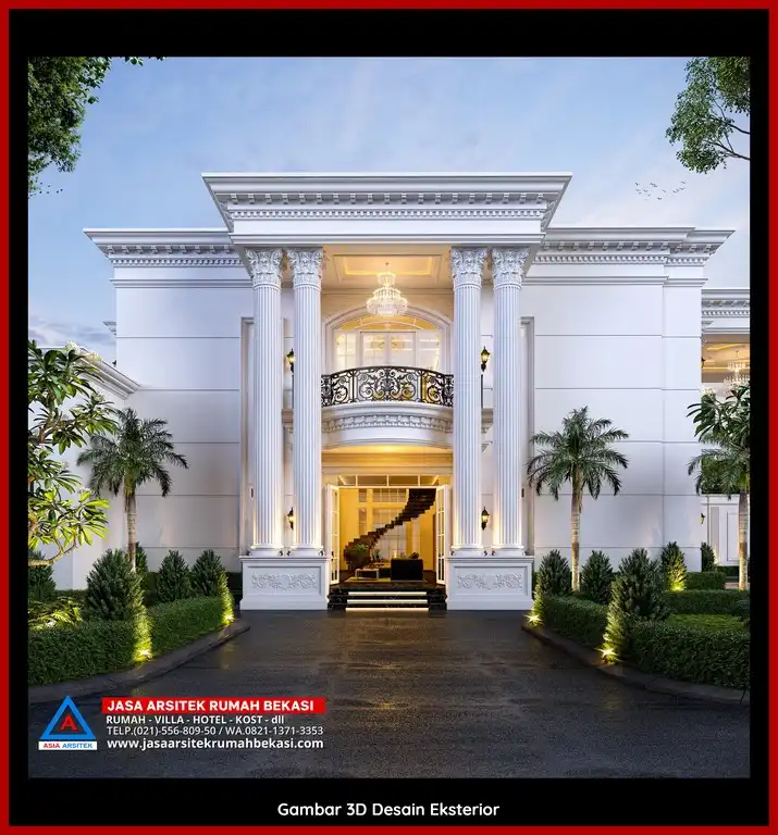 Jasa Arsitek Rumah 3D fasad rumah klasik mewah di Margahayu Bekasi dengan pilar megah dan detail elegan
