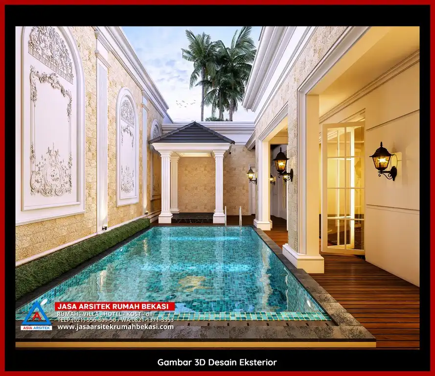 Jasa Arsitek Rumah 3D fasad rumah klasik mewah di Margahayu Bekasi dengan pilar megah dan detail elegan