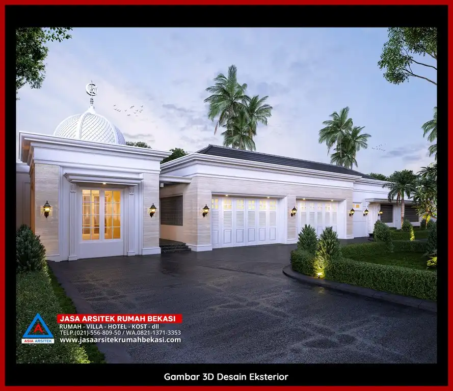 Jasa Arsitek Rumah 3D fasad rumah klasik mewah di Margahayu Bekasi dengan pilar megah dan detail elegan