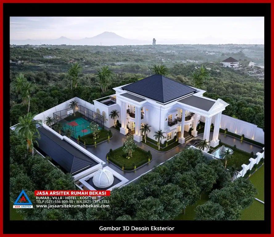 Jasa Arsitek Rumah 3D fasad rumah klasik mewah di Margahayu Bekasi dengan pilar megah dan detail elegan