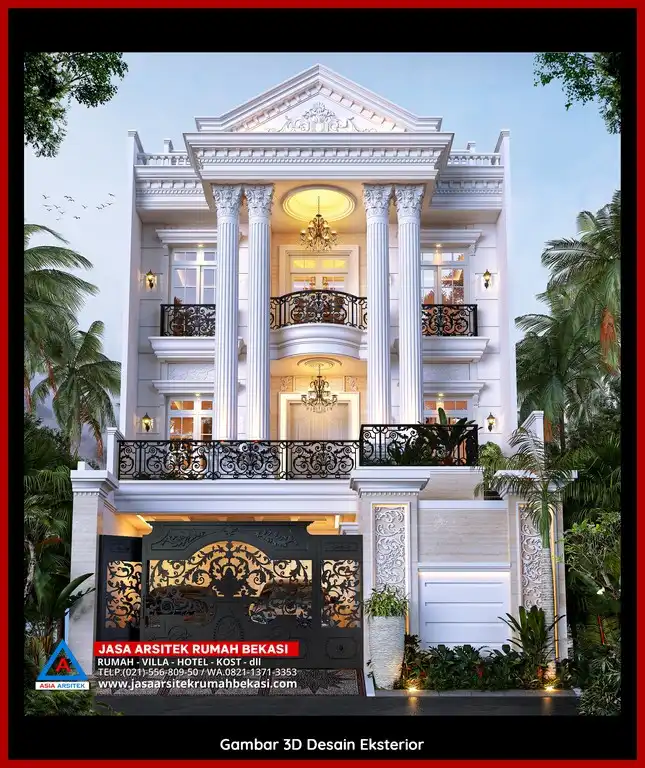 Visualisasi 3D arsitek rumah rumah klasik bergaya Eropa di Pekayon Jaya Bekasi dengan ornamen mewah
