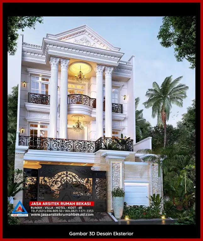 Visualisasi 3D arsitek rumah rumah klasik bergaya Eropa di Pekayon Jaya Bekasi dengan ornamen mewah