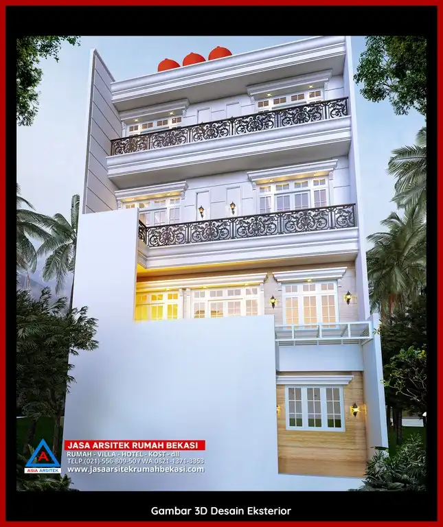 Visualisasi 3D arsitek rumah rumah klasik bergaya Eropa di Pekayon Jaya Bekasi dengan ornamen mewah