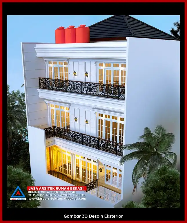 Visualisasi 3D arsitek rumah rumah klasik bergaya Eropa di Pekayon Jaya Bekasi dengan ornamen mewah
