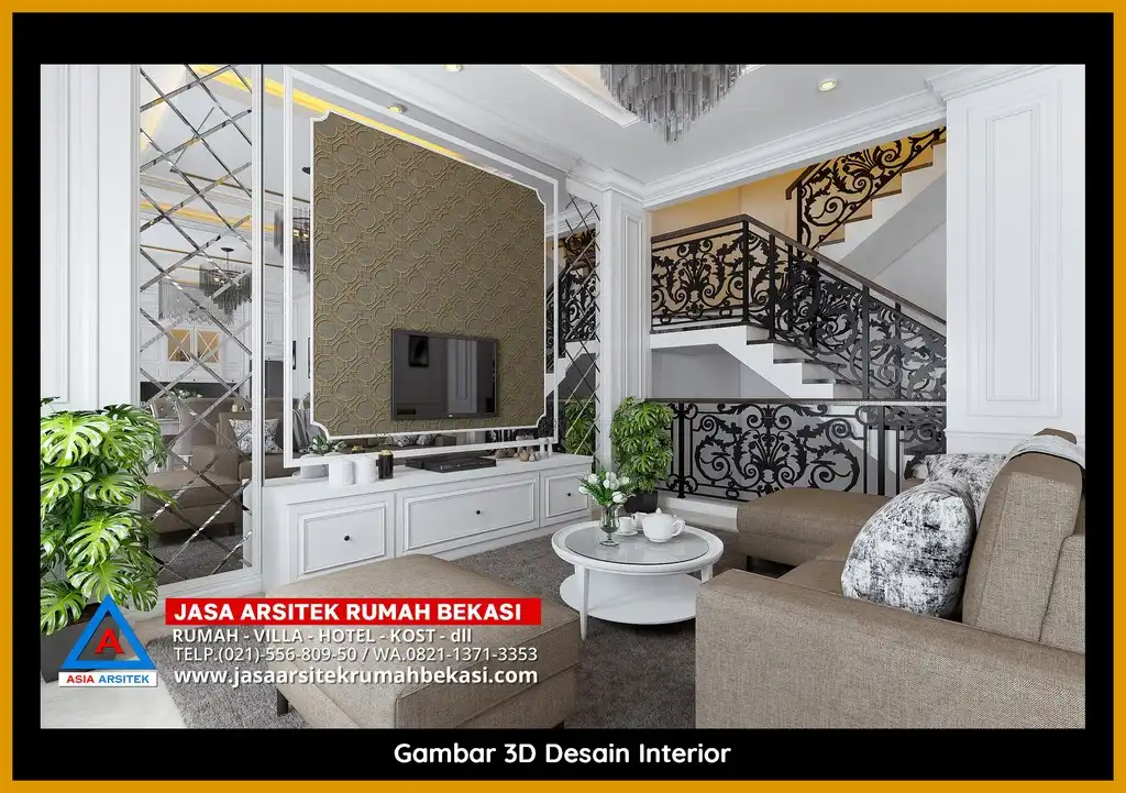 Visualisasi 3D arsitek rumah rumah klasik bergaya Eropa di Pekayon Jaya Bekasi dengan ornamen mewah