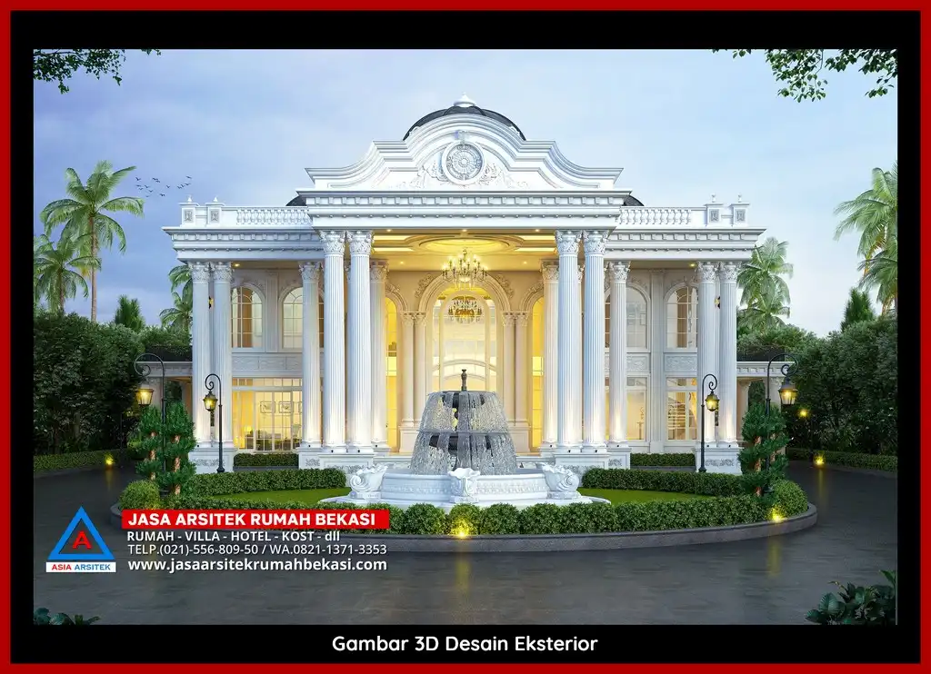 Visualisasi 3D arsitek rumah rumah klasik bergaya Eropa di Pengasinan Bekasi dengan ornamen mewah