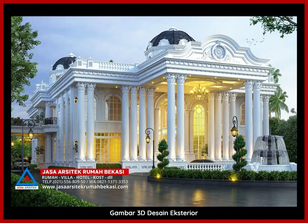 Visualisasi 3D arsitek rumah rumah klasik bergaya Eropa di Pengasinan Bekasi dengan ornamen mewah