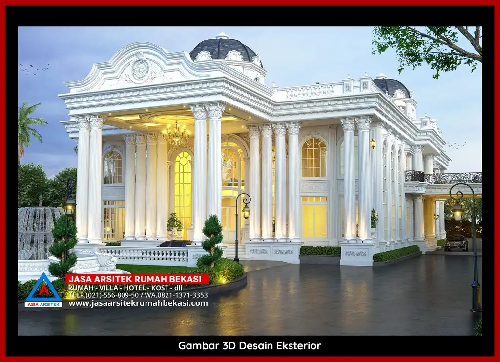 Visualisasi 3D arsitek rumah rumah klasik bergaya Eropa di Pengasinan Bekasi dengan ornamen mewah