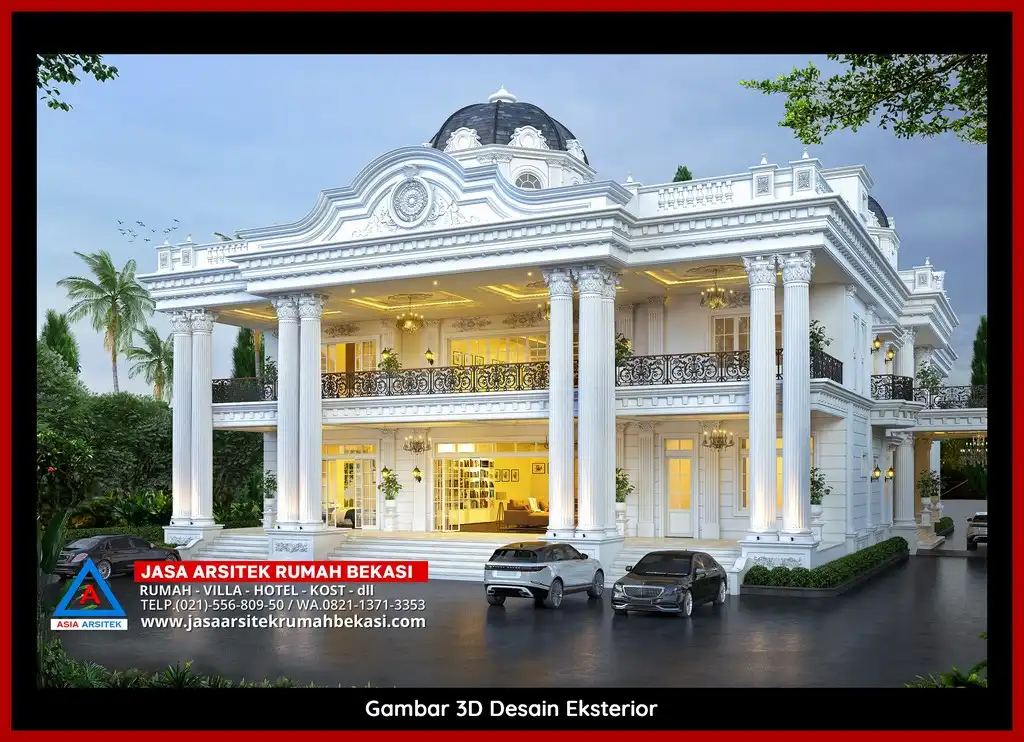 Visualisasi 3D arsitek rumah rumah klasik bergaya Eropa di Pengasinan Bekasi dengan ornamen mewah
