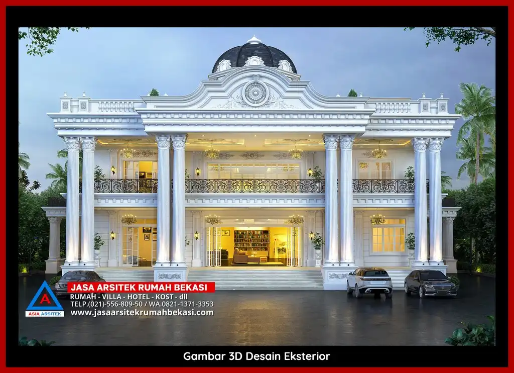Visualisasi 3D arsitek rumah rumah klasik bergaya Eropa di Pengasinan Bekasi dengan ornamen mewah