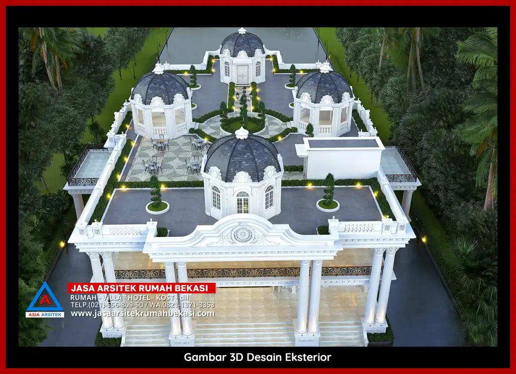Visualisasi 3D arsitek rumah rumah klasik bergaya Eropa di Pengasinan Bekasi dengan ornamen mewah
