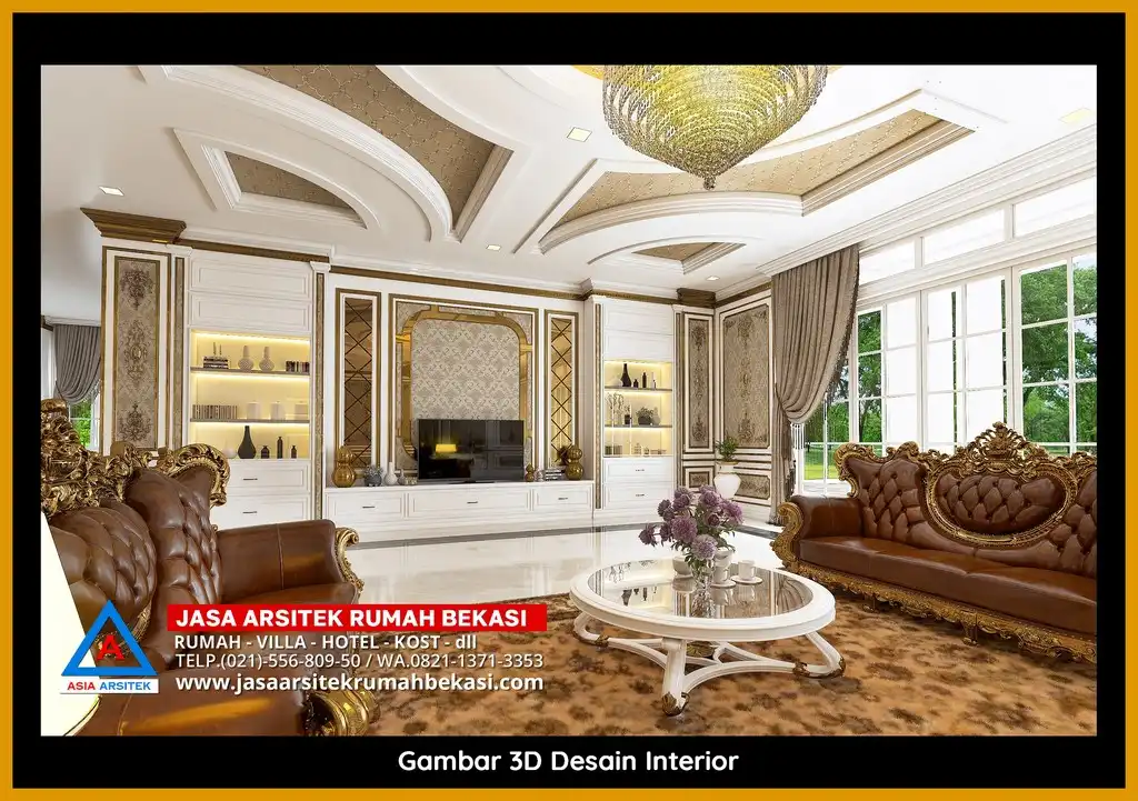 Visualisasi 3D arsitek rumah rumah klasik bergaya Eropa di Pengasinan Bekasi dengan ornamen mewah