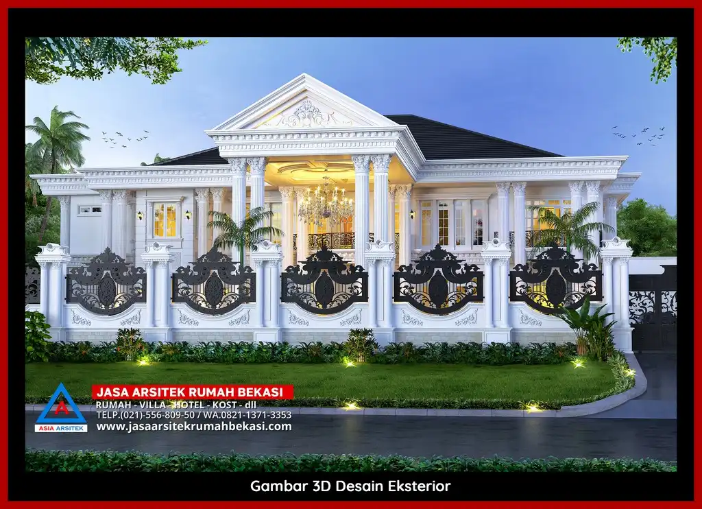 Jasa Arsitek Rumah 3D fasad rumah klasik mewah di Sepanjang Jaya Bekasi dengan pilar megah dan detail elegan