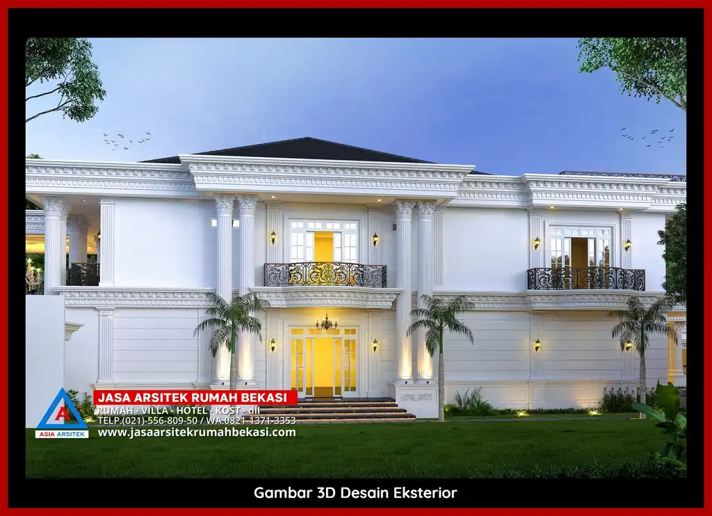 Jasa Arsitek Rumah 3D fasad rumah klasik mewah di Sepanjang Jaya Bekasi dengan pilar megah dan detail elegan