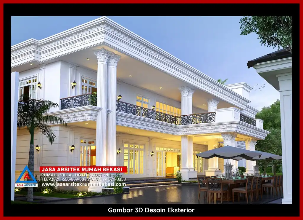 Jasa Arsitek Rumah 3D fasad rumah klasik mewah di Sepanjang Jaya Bekasi dengan pilar megah dan detail elegan