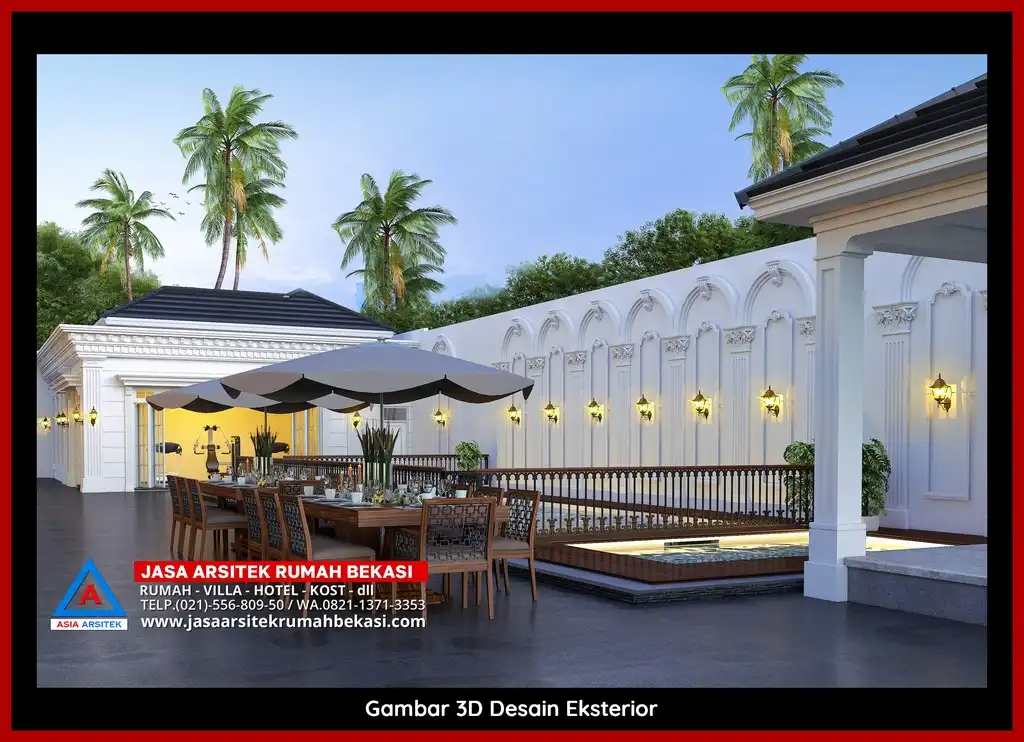 Jasa Arsitek Rumah 3D fasad rumah klasik mewah di Sepanjang Jaya Bekasi dengan pilar megah dan detail elegan