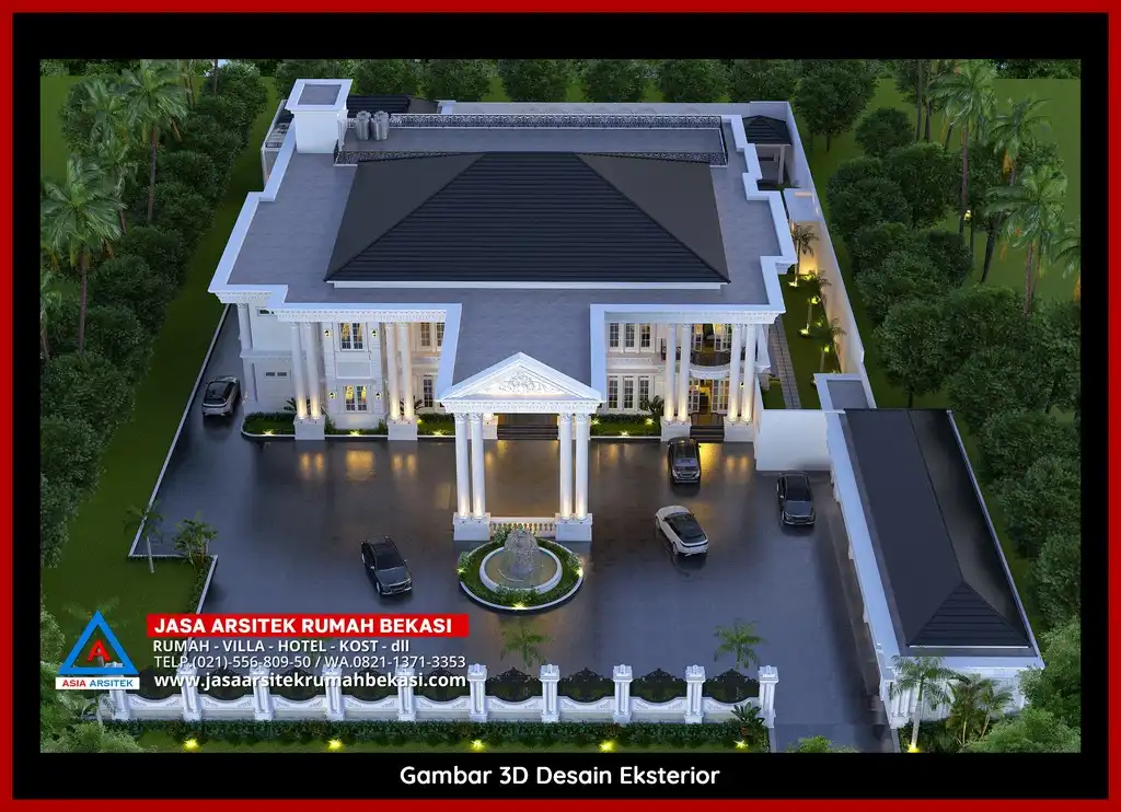 Jasa Arsitek Rumah 3D fasad rumah klasik mewah di Sepanjang Jaya Bekasi dengan pilar megah dan detail elegan