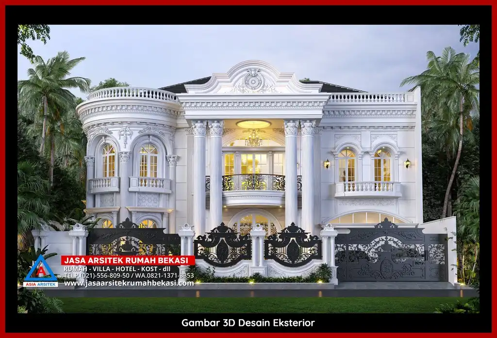 Visualisasi 3D arsitek rumah rumah klasik bergaya Eropa di Sumur Batu Bekasi dengan ornamen mewah
