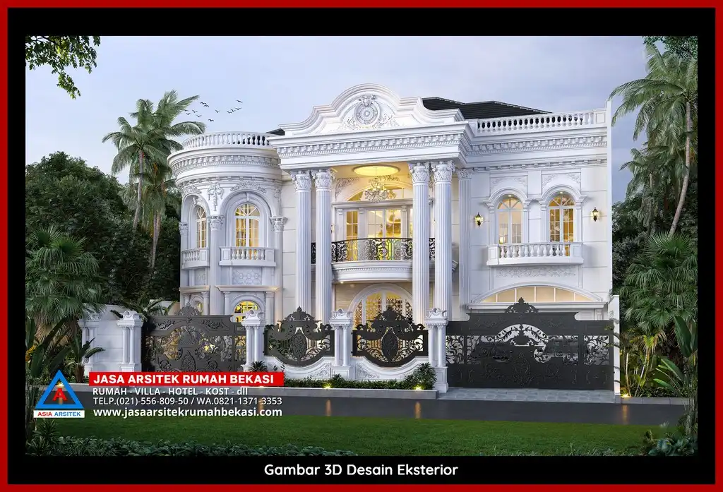 Visualisasi 3D arsitek rumah rumah klasik bergaya Eropa di Sumur Batu Bekasi dengan ornamen mewah