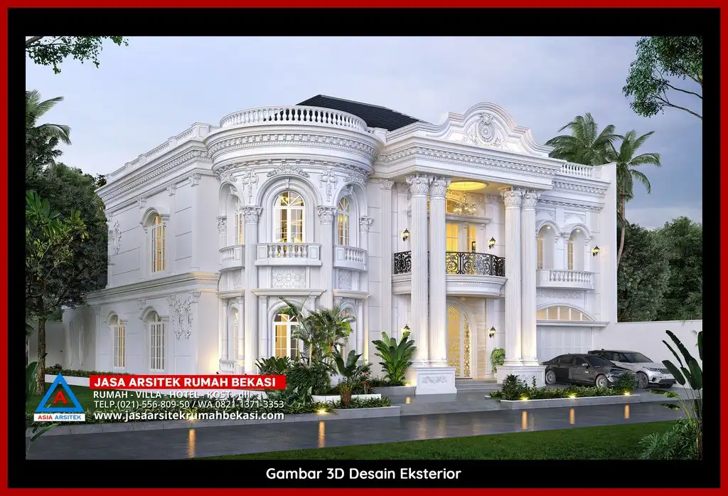 Visualisasi 3D arsitek rumah rumah klasik bergaya Eropa di Sumur Batu Bekasi dengan ornamen mewah