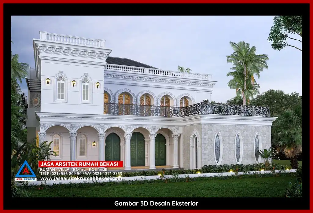 Visualisasi 3D arsitek rumah rumah klasik bergaya Eropa di Sumur Batu Bekasi dengan ornamen mewah