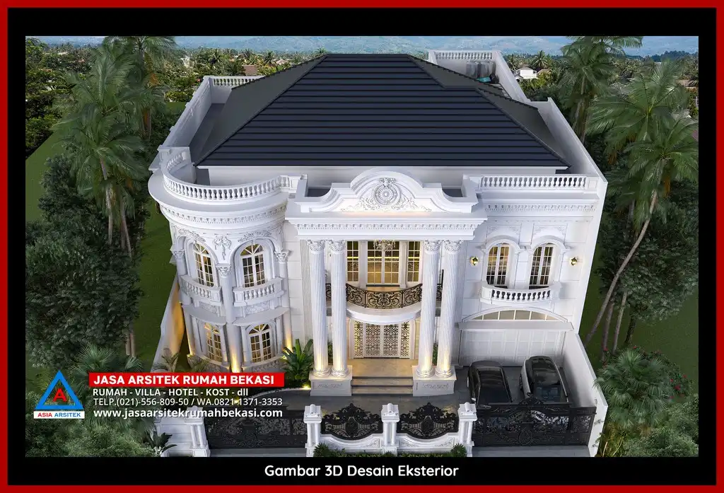 Visualisasi 3D arsitek rumah rumah klasik bergaya Eropa di Sumur Batu Bekasi dengan ornamen mewah