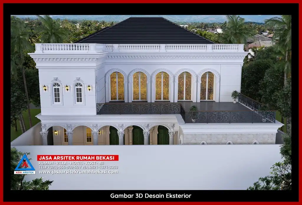 Visualisasi 3D arsitek rumah rumah klasik bergaya Eropa di Sumur Batu Bekasi dengan ornamen mewah
