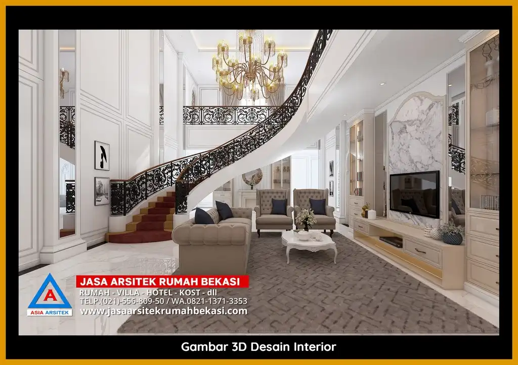 Visualisasi 3D arsitek rumah rumah klasik bergaya Eropa di Sumur Batu Bekasi dengan ornamen mewah