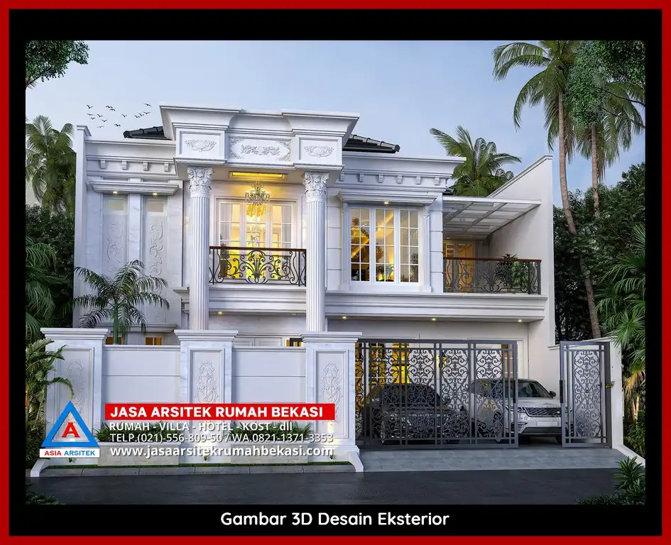 Jasa Arsitek Rumah 3D fasad rumah klasik mewah di Teluk Pucung Bekasi dengan pilar megah dan detail elegan
