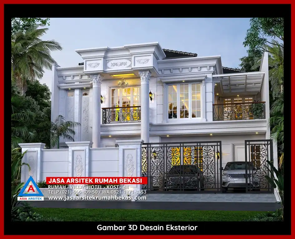 Jasa Arsitek Rumah 3D fasad rumah klasik mewah di Teluk Pucung Bekasi dengan pilar megah dan detail elegan