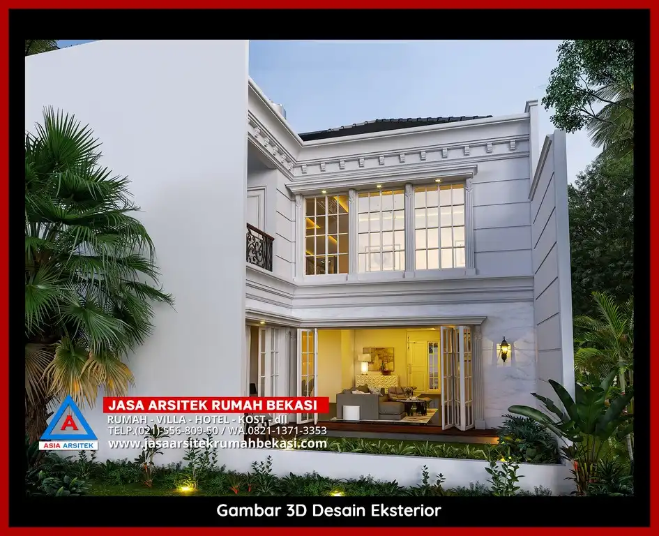 Jasa Arsitek Rumah 3D fasad rumah klasik mewah di Teluk Pucung Bekasi dengan pilar megah dan detail elegan