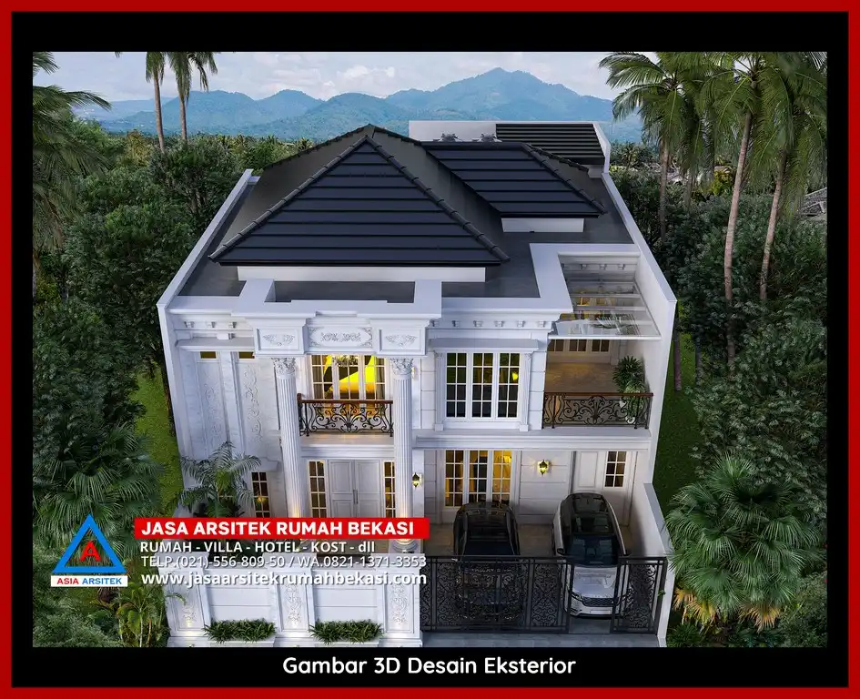 Jasa Arsitek Rumah 3D fasad rumah klasik mewah di Teluk Pucung Bekasi dengan pilar megah dan detail elegan