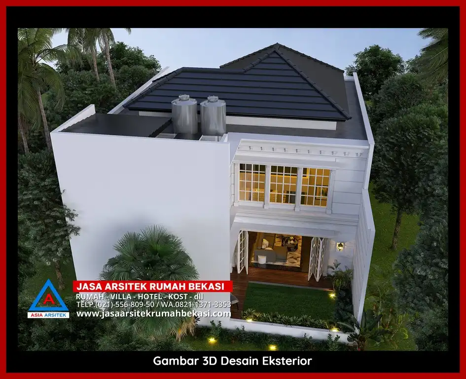 Jasa Arsitek Rumah 3D fasad rumah klasik mewah di Teluk Pucung Bekasi dengan pilar megah dan detail elegan