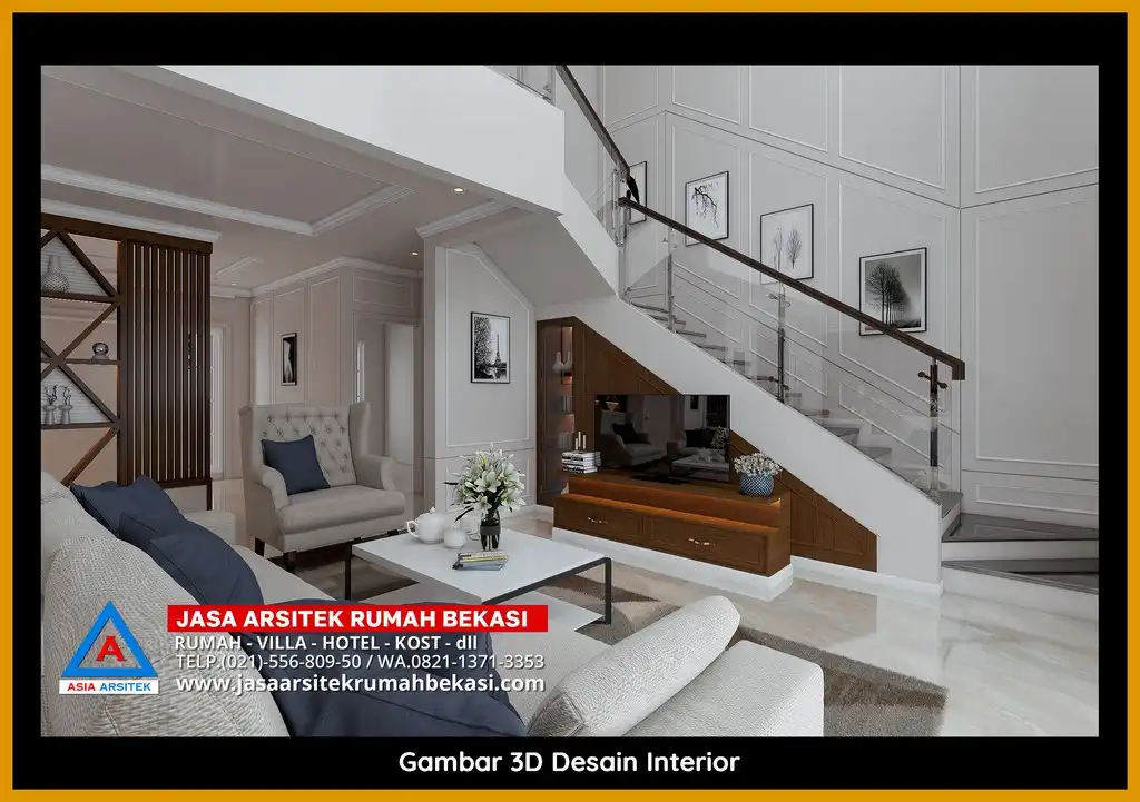 Jasa Arsitek Rumah 3D fasad rumah klasik mewah di Teluk Pucung Bekasi dengan pilar megah dan detail elegan