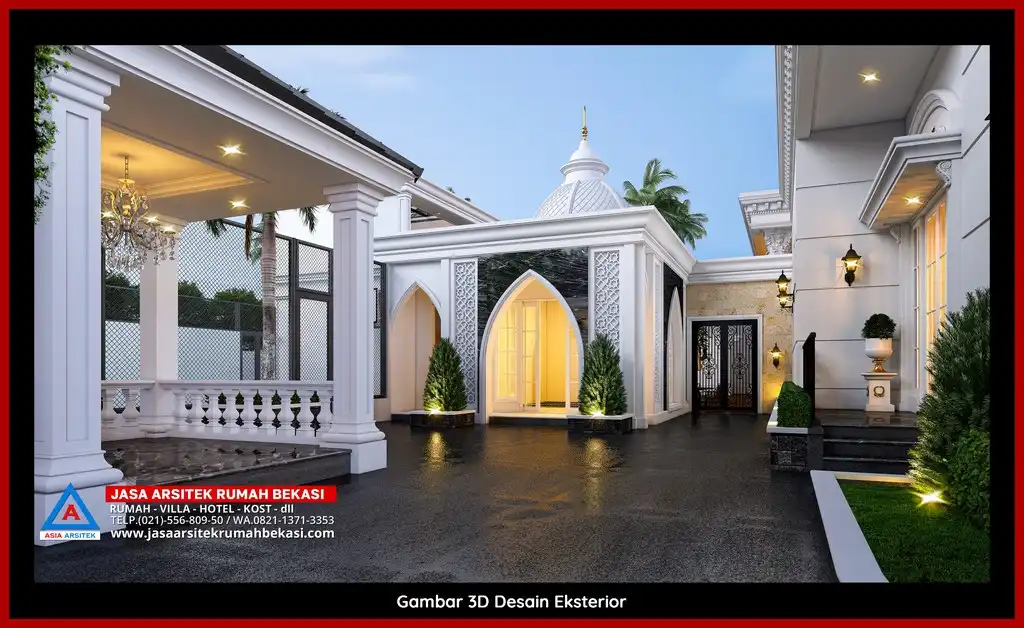 Jasa Arsitek Rumah 3D fasad rumah klasik mewah Gratis Di Bekasi Terbaik dengan pilar megah dan detail elegan