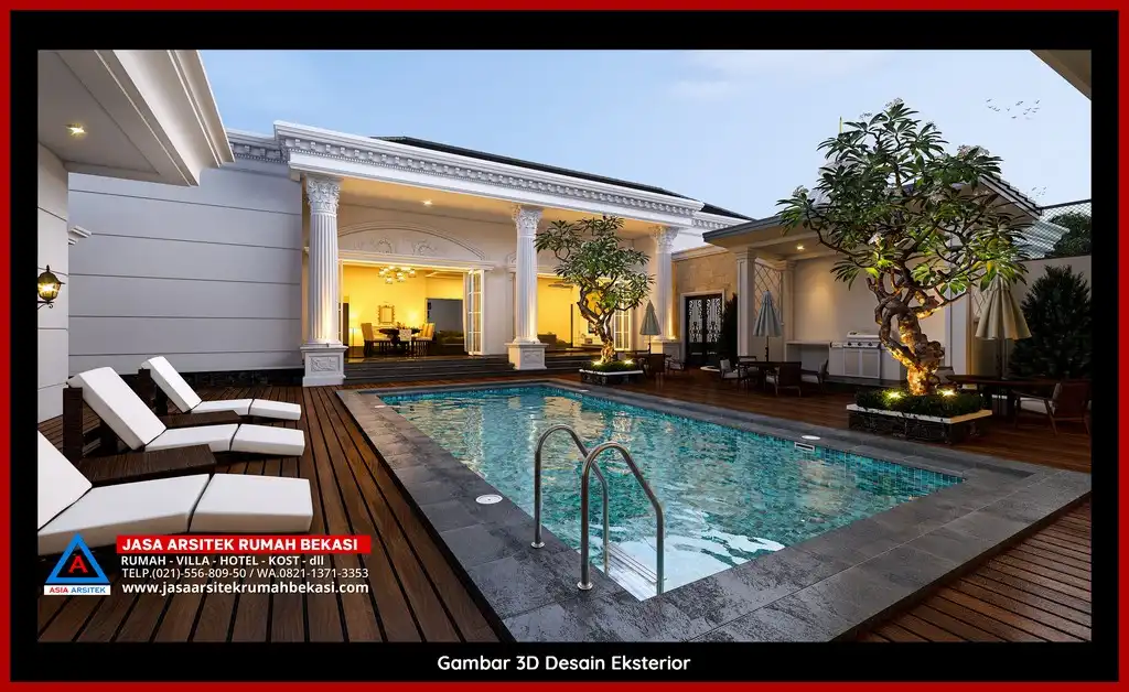 Jasa Arsitek Rumah 3D fasad rumah klasik mewah Gratis Di Bekasi Terbaik dengan pilar megah dan detail elegan