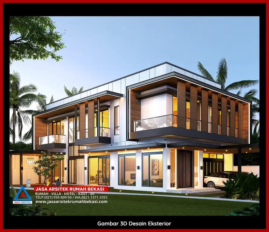 Jasa Arsitek Rumah 3D fasad rumah minimalis mewah Hemat Anggaran di Bekasi Terbaik dengan pilar megah dan detail elegan