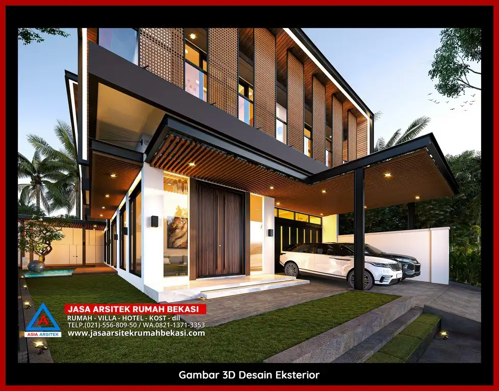 Jasa Arsitek Rumah 3D fasad rumah minimalis mewah Hemat Anggaran di Bekasi Terbaik dengan pilar megah dan detail elegan