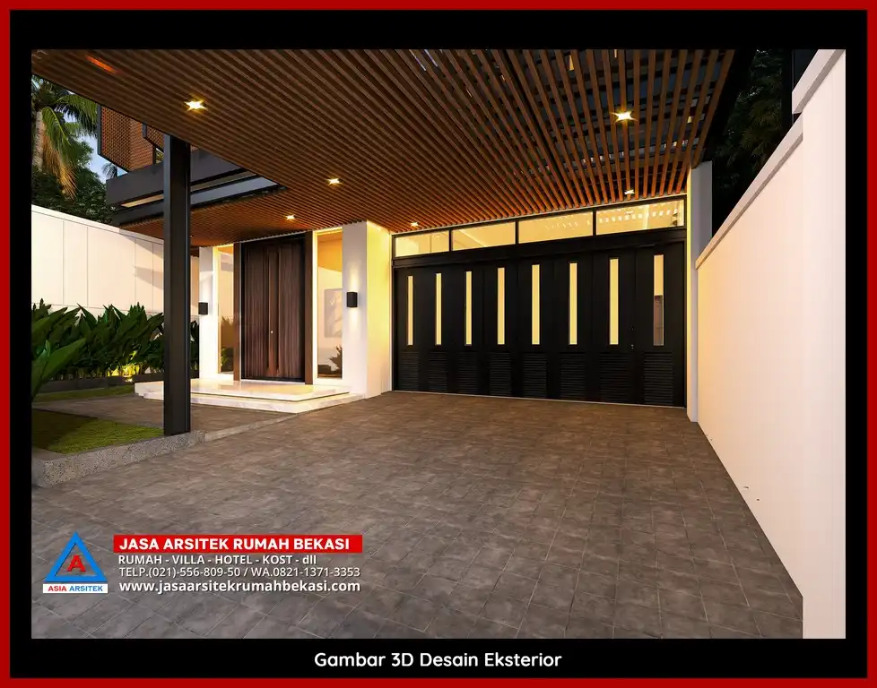 Jasa Arsitek Rumah 3D fasad rumah minimalis mewah Hemat Anggaran di Bekasi Terbaik dengan pilar megah dan detail elegan