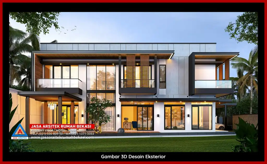 Jasa Arsitek Rumah 3D fasad rumah minimalis mewah Hemat Anggaran di Bekasi Terbaik dengan pilar megah dan detail elegan