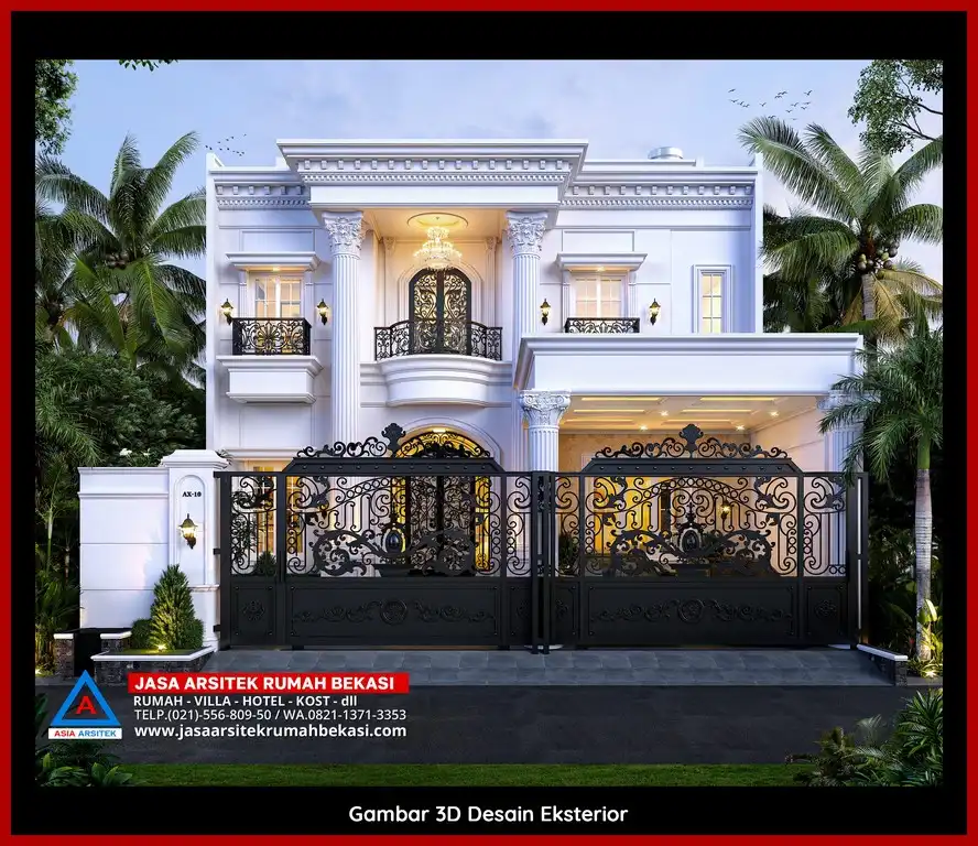 Rekomendasi Jasa Desain Arsitek Per M2 Bekasi Desain rumah klasik mewah dengan arsitektur elegan, pilar megah, dan detail artistik yang menawan, memberikan tampilan mewah dan eksklusif.