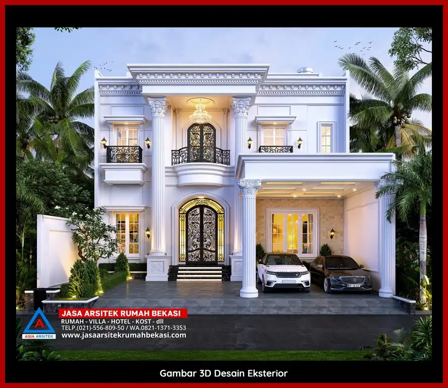 Rekomendasi Jasa Desain Arsitek Per M2 Bekasi Desain rumah klasik mewah dengan arsitektur elegan, pilar megah, dan detail artistik yang menawan, memberikan tampilan mewah dan eksklusif.