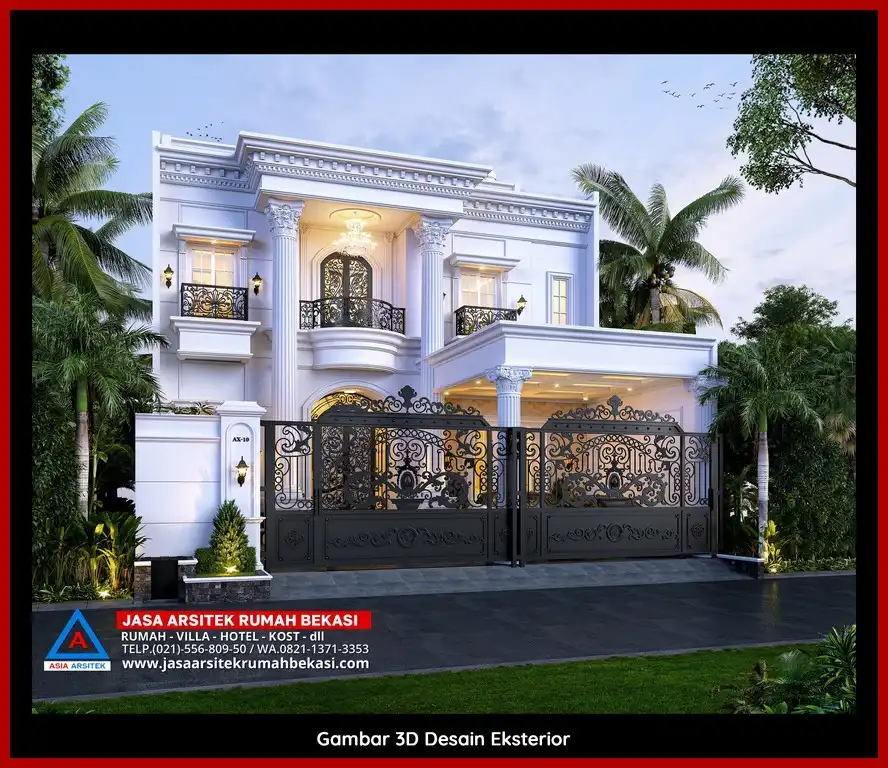 Rekomendasi Jasa Desain Arsitek Per M2 Bekasi Desain rumah klasik mewah dengan arsitektur elegan, pilar megah, dan detail artistik yang menawan, memberikan tampilan mewah dan eksklusif.