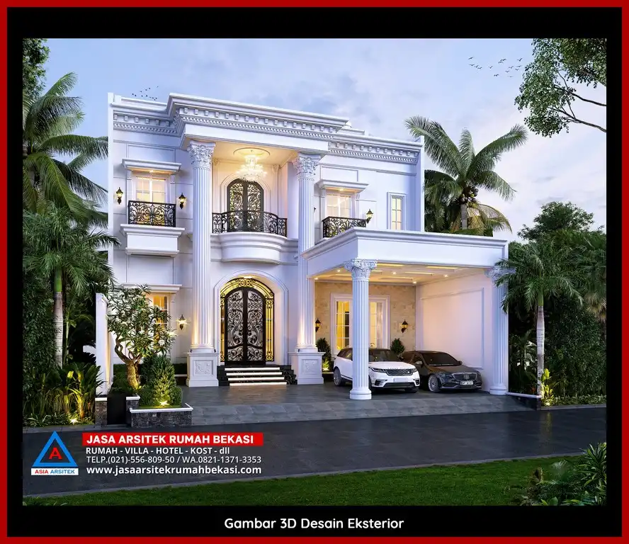 Rekomendasi Jasa Desain Arsitek Per M2 Bekasi Desain rumah klasik mewah dengan arsitektur elegan, pilar megah, dan detail artistik yang menawan, memberikan tampilan mewah dan eksklusif.