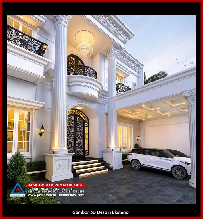 Rekomendasi Jasa Desain Arsitek Per M2 Bekasi Desain rumah klasik mewah dengan arsitektur elegan, pilar megah, dan detail artistik yang menawan, memberikan tampilan mewah dan eksklusif.